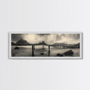 Dockside Calm, Stormy Shore, Ocean Jetty, Framed Canvas Print, Moody Coastal Wall Art, Living Room Art, Rustic Lakehouse Decor