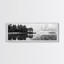 Reflected Pines, Quiet Lake, Forest Island, Calm Waters, Framed Canvas Print, Nature Photography, Minimal Wall Art, Office Decor