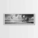 Lifeguard Tower Sky, Beach Scene Clouds, Surfside Minimalism, Framed Canvas Print, Bathroom Wall Art, Modern Coastal Decor