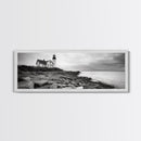 Classic Lighthouse Shore, Rocky Coastline Fog, Seaside Charm, Framed Canvas Print, Office Wall Art, New England Coastal Decor