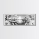 Mountain Reflections, Nature Panorama, Black and White Landscape, Framed Canvas Print, Living Room Wall Art, Modern Wilderness Decor