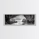 Sea Cave View, Coastal Rock Art, Monochrome Seascape, Framed Canvas Print, Bathroom Wall Art, Nature Photography, Moody Ocean Decor