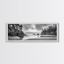 Misty Coastline, Dramatic Shore, Moody Ocean Scene, Framed Canvas Print, Coastal Living Room Art, Black and White Nature Decor