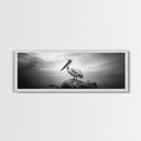 Coastal Pelican, Ocean Rock, Tranquil Wildlife Scene, Framed Canvas Print, Beach House Wall Art, Seaside Nature Decor, Moody Tones
