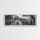 Tree Tunnel, Country Path, Fence Shadows, Framed Canvas Print, Black and White Nature Art, Rustic Wall Art, Autumn Entryway Decor