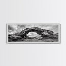 Rock Arch Landscape, Desert Formations, Dramatic Sky, Framed Canvas Print, Living Room Wall Art, Nature Inspired Decor, Monochrome Vibe