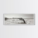 Revolver On Beach, Western Vibes, Americana Style, Framed Canvas Print, Man Cave Wall Art, Bold Statement Decor, Coastal Contrast