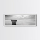 Seaside Metal Pail, Coastal Minimalism, Black White Art, Modern Bathroom Art, Framed Canvas Print, Tranquil Ocean Wall Decor