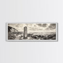 Coastal Stone Marker, Vintage Landscape, Ocean Bluff Wall Art, Sepia Tone Style, Canvas Print, Rustic Living Room Decor