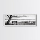 Quiet Lake Bench, Peaceful Reflection, Nature Photography, Framed Canvas Print, Serene Bedroom Decor, Minimalist Living Room Wall Art