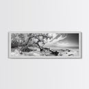 Bending Tree Beach, Windswept Coastal Scene, Dune Forest, Canvas Print, Monochrome Minimalist Art, Boho Bedroom Decor, Ocean Tones