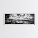 Compass Rose, Ocean Horizon, Palm Trees, Canvas Print, Nautical Beach Art, Boho Living Room Wall Art, Black and White Coastal Decor