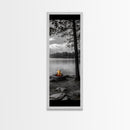 Autumn Campfire Scene, Cozy Outdoors, Fall Evening Glow, Lakeside Calm, Framed Canvas Print Cabin Decor, Living Room Autumn Wall Art
