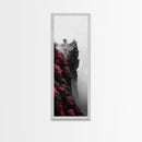 Misty Cliffs, Pink Blossoms, Zen Mountains, Dreamy Fog, Framed Canvas Print, boho wall art, meditation space, nature fantasy decor