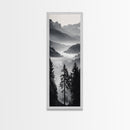 Foggy Mountains, Pine Forest, Valley Mist, Calm Landscape, Canvas Print, entryway wall art, cozy cabin vibes, grayscale art style