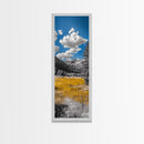 Golden Field, Mountain Range, Blue Sky, Framed Canvas Print, Autumn Landscape Art, Nature Lover Gift, Cabin Wall Art, Rustic Farmhouse Decor