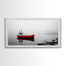 Red Boat, Calm Water, Minimalist Decor, Ocean Scene, Living Room Wall Art, Coastal Style, Canvas Print, Modern Nautical, Serene Landscape