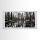 Reflected Forest, Orange Leaves, Tranquil River, Monochrome Fall, Canvas Print, Rustic Decor, Bedroom Wall Art, Woodland Scene