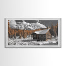 Snowy Cabin, Winter Landscape, Mountain Lodge, Rustic Retreat, Framed Canvas Print, Cozy Wall Art, Cabin Living, Holiday Decor