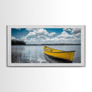 Yellow Rowboat, Calm Waters, Blue Sky, Sunny Lake – Framed Canvas Print, Summer Wall Art, Coastal Decor, Modern Nautical Style