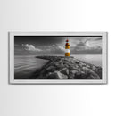 Yellow Lighthouse, Stone Jetty, Coastal Clouds, Nautical Scene, Framed Canvas Print, Coastal Wall Art, Office Decor, Lighthouse Photography