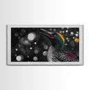Singing Bird, Neon Plumage, Colorful Sparkle, Starry Night, Framed Canvas Print, Eclectic Art, Office Wall Art, Bright Animal Design