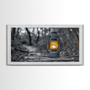 Lantern In Woods, Vintage Glow Light, Rustic Forest Scene, Canvas Print, Cabin Wall Art, Autumn Evening Mood, Minimalist Nature Decor