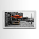 Urban Pier, Red Yellow Umbrellas, Waterfront Dining, Framed Canvas Print, Industrial Decor, Cafe Kitchen Wall Art, Cityscape Photography