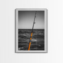 Fishing Pole, Ocean Rod, Angler Focus, Sea Horizon, Framed Canvas Print, Man Cave Wall Art, Sport Fishing Decor, Coastal Style Art