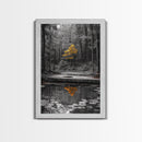 Lone Yellow Tree, Tranquil Pond, Forest Reflection, Canvas Print, Fall Nature Wall Art, Autumn Minimalist Decor, Peaceful Meditation Room