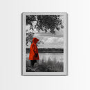 Red Coat Figure, Lakeside Reflection, Mystery Forest Mood, Canvas Print, Autumn Minimalist Wall Art, Moody Storybook Decor, Nature Style