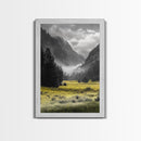 Yellow Meadow Valley, Foggy Mountain Scene, Serene Landscape Photography, Framed Canvas Print, Nature Lover Living Room Wall Art