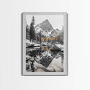 Snow Reflection Forest, Autumn Trees, Serene Mountain River, Framed Canvas Print, Bedroom Wall Art, Peaceful Cabin Scene, Fall Art