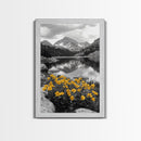 Yellow Wildflowers Lake, Alpine Meadow, Monochrome Landscape, Canvas Print, Kitchen Wall Art, Spring Nature Photography Decor