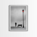 Red Street Lamp, Snowy Walkway, Silhouette Scene, Framed Canvas Print, Moody Wall Art, Minimalist Decor, Winter Vibes, Bedroom Accent