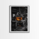 Forge Fire, Rustic Workshop, Industrial Heat, Metal Craft, Framed Canvas Print blacksmith decor, man cave wall art, moody workshop vibe