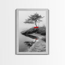 Red Bench, Misty Shore, Solitude Scene, Moody Fog Art, Framed Canvas Print, Minimalist Wall Art, Meditative Decor, Entryway Accent