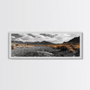 Desert Creek, Rugged Mountains, Golden Shrubs, Nature Path — Framed Canvas Print, Autumn Wall Decor, Rustic Office Art, Landscape Canvas