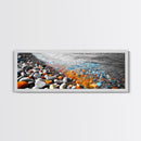 Colorful Pebble Shore, Vibrant Lake Stones, Blue Orange Rocks, Framed Canvas Print, Boho Coastal Style, Bathroom Wall Art