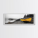 Yellow Rowboat Scene, Misty Coastal Landscape, Abandoned Boat Art, Framed Canvas Print, Rustic Nautical, Office Wall Art