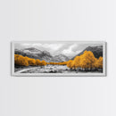 Golden Trees Trail, Snowy Peaks, Serene Landscape, Framed Canvas Print, Autumn Home Decor, Cozy Wall Art, Cabin Aesthetic
