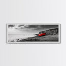 Red Boat, Rocky Shore, Dramatic Sky, Abandoned Vessel, Framed Canvas Print, Nautical Living Room Art, Moody Coastal Home Decor