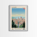 Lausanne Switzerland Travel Poster Framed Canvas Print, Midcentury Modern Art, Pop Art Wall Decor, Scenic Wall Art, Living Room Decoration, Office Art