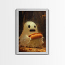 CHOMP! Cute Lil Ghost Eatin' a Dog, The Hot Dog Ghost, Haunted Hot Dog Thief, Framed Canvas Print, Halloween Art