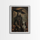 Gothic Witch with Elegant Dog, Framed Canvas Print, Dark Witch Art, Victorian Witch, Halloween Witch Decor, Gothic Home Decor