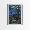 Starry Night Inspired Haunted Light House Framed Canvas Print, Van Gogh Inspired, Spooky Season Halloween Art