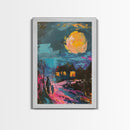 Spooky Village Framed Canvas Print, Halloween Wall Art, Haunted House Art, Gothic Night Decor, Spooky Moonlight, Halloween Home Decor