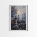 Gothic Cemetery with Statues Framed Canvas Print, Halloween Wall Art, Haunted Graveyard, Home Decor, Spooky Art, Living Room Decor, Gothic