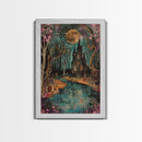 Haunted Castle by the Lake Framed Canvas Print, Halloween Wall Art, Spooky Art, Home Decor, Living Room Decor, Gothic Artwork, Creepy Castle