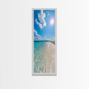 Serene Coastal Shoreline Landscape Painting in Blue and Orange Hues, Modern Framed Canvas Print, Ideal for Contemporary Wall Art Décor
